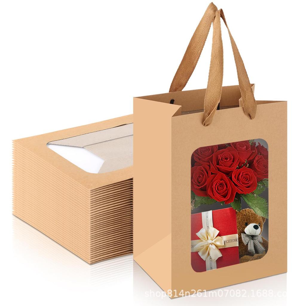 10pcs Window Gift Bags With Ribbon Handles For Flower Bouquet Presents Valentines Day Party Favors Bridal Shower Packaging Packs