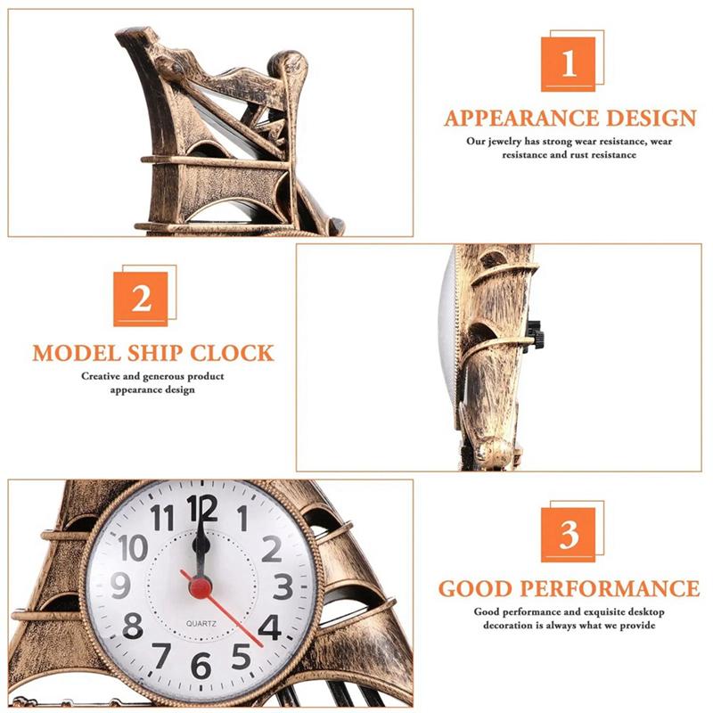 A44Z-Clock Alarm Sailboat Table Vintage Retro Model Ornament Nautical Desk Clocks Boat Figure Silent Bedside
