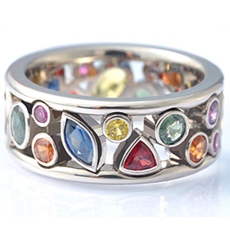 Women's Multicolor Geometric Zircon Ring with Cutout Design and Inlaid Diamonds