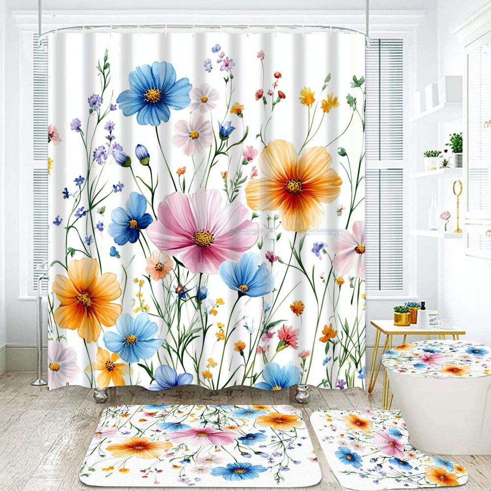 

Waterproof Shower Curtain Set Beautiful Flowers And Plants Bath Rug And Mats With Hooks Toilet Seat Cover Bathroom Decoration W60H190(CM)-1 Pcs