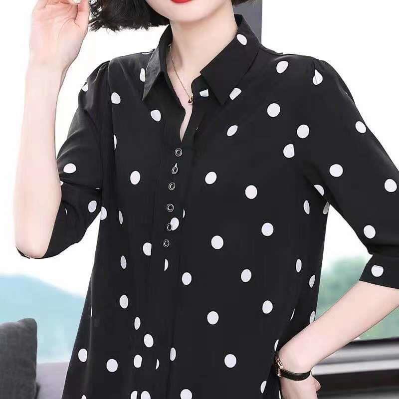Women's Spring Autumn Thin Section Four Season Collection Plus Size Polka Dot Shirt Lapel Button Section Medium Sleeved Sunscreen Blouse