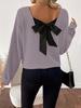 Women's V-Neck Solid Sweater with Bow - Autumn Long Sleeve Loose Fit