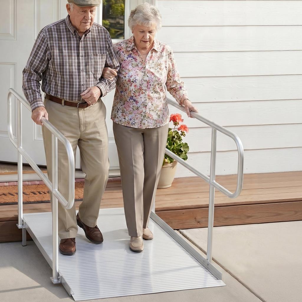 Wheelchair Ramp with Handrails, 1806 x 830 mm, Heavy Duty Wide Aluminum Wheelchair Ramp with Adjustable Legs, 453.6 kg Capacity, Portable Threshold