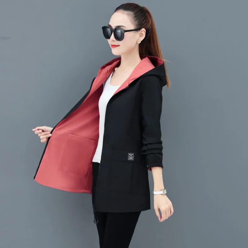 Two-sided Windbreaker Jacket Women's Mid-length Spring and Autumn Loose Large Size Hooded Spring Top Trend