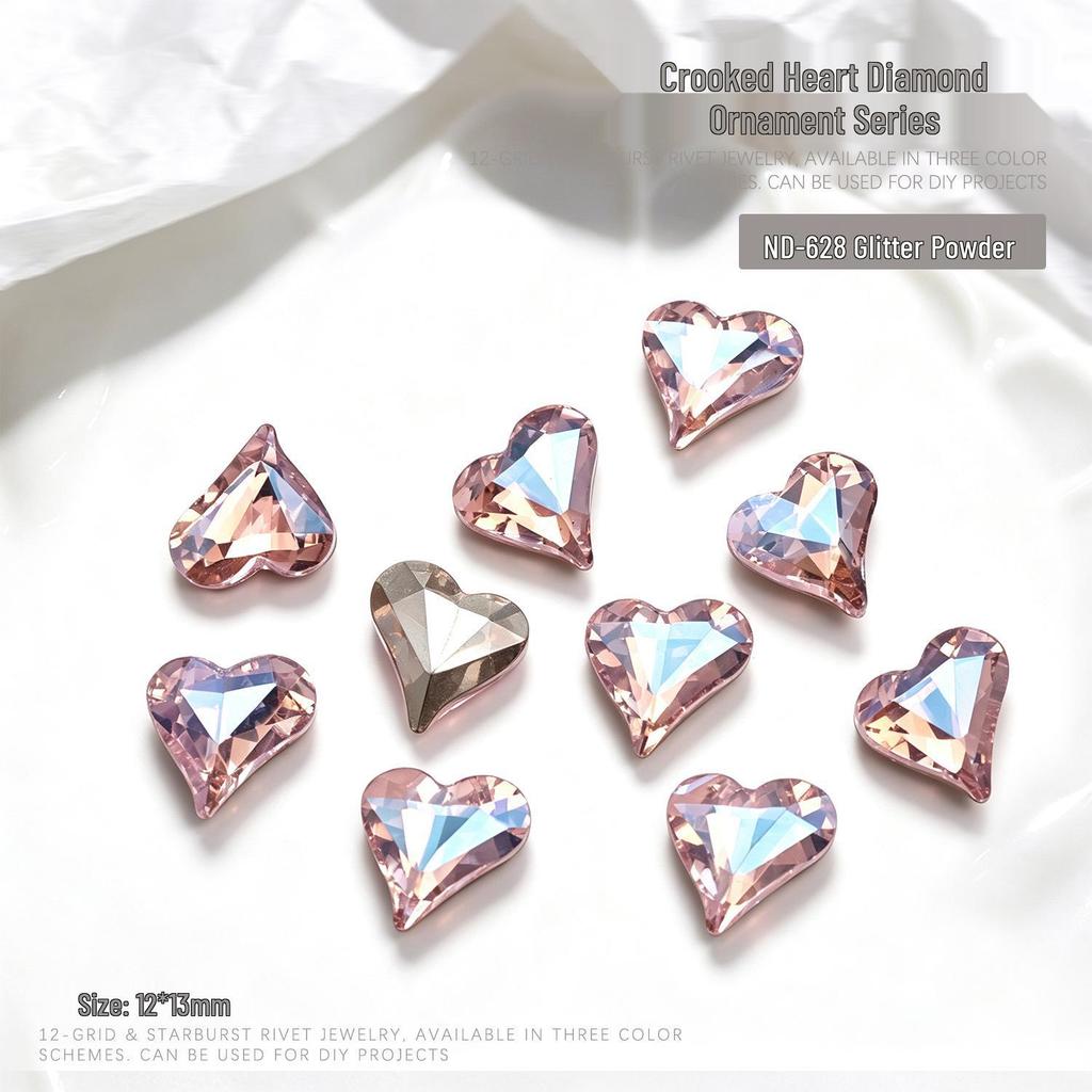 "10-Piece Heart-Shaped Nail Art Accessories with Pointed Bottom Transparent and Colorful Diamonds"