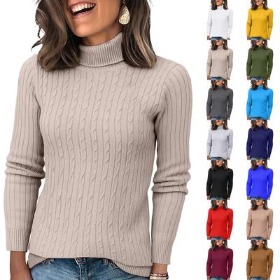 Women's Knitted Solid Color Long Sleeved High Neck Pullover Top
