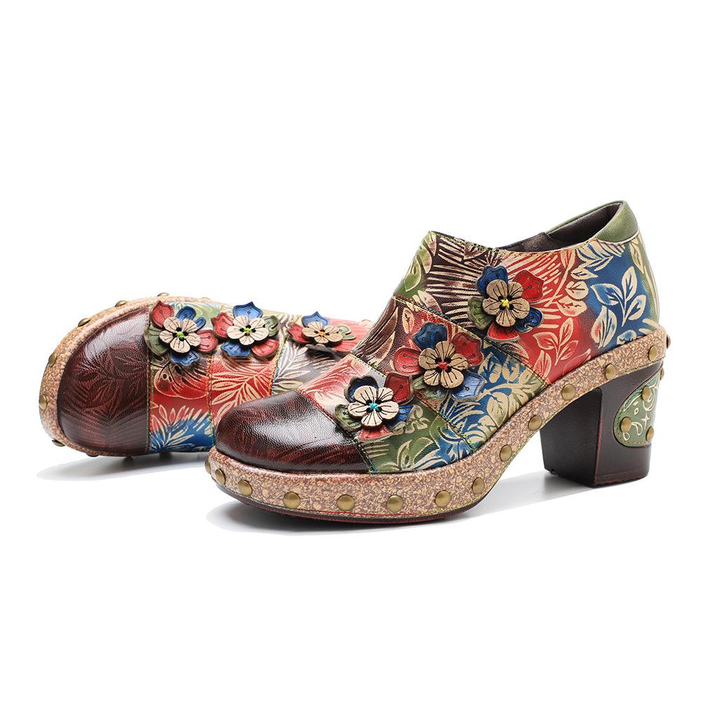 Johnature Zapatos de tacón pintados a mano de cuero genuino para mujer, zapatos de tacón alto con plataforma cómodos Flor Retro