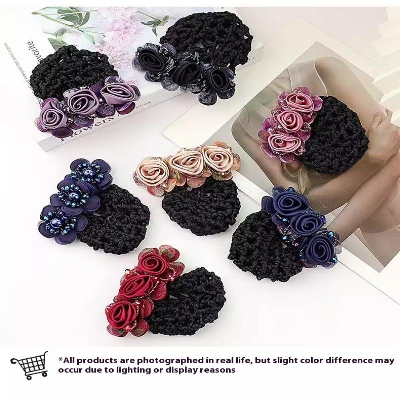 Women Hair Bun Cover Net Snood Hairnet Bow Barrette French Hair Clip Bow Ribbon Flower Hair Accessories For Banks Hotels Staff
