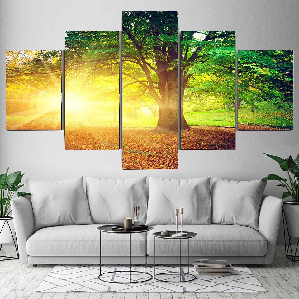 5 Panels Landscape Sunset Green Tree Forest Canvas Painting Posters and Prints Wall Art Pictures Living Room Home Decor No Frame