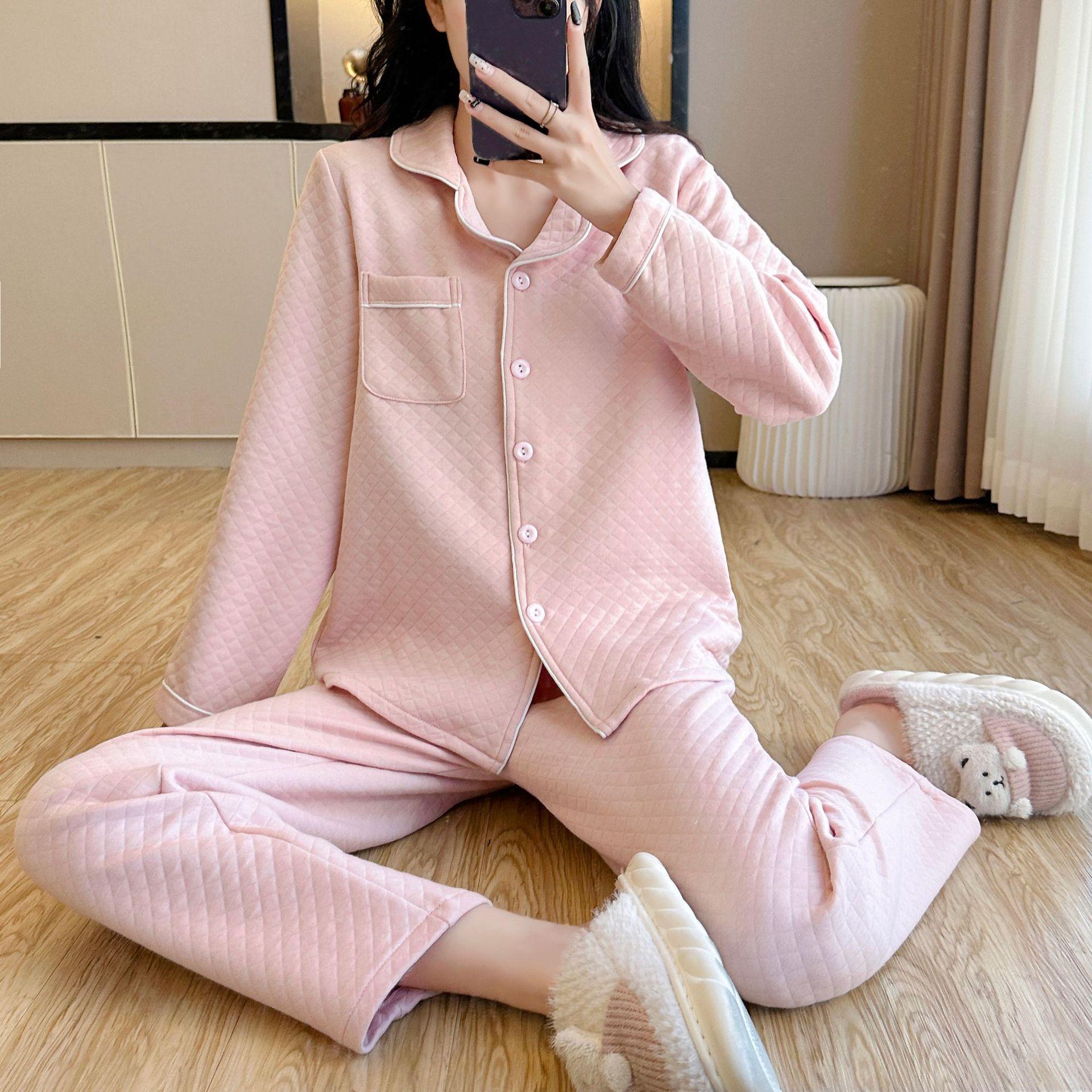 

Women s Thickened Pure Cotton Quilted Pajama Set - Long Sleeve Solid Color Home Wear for Autumn/Winter Medium