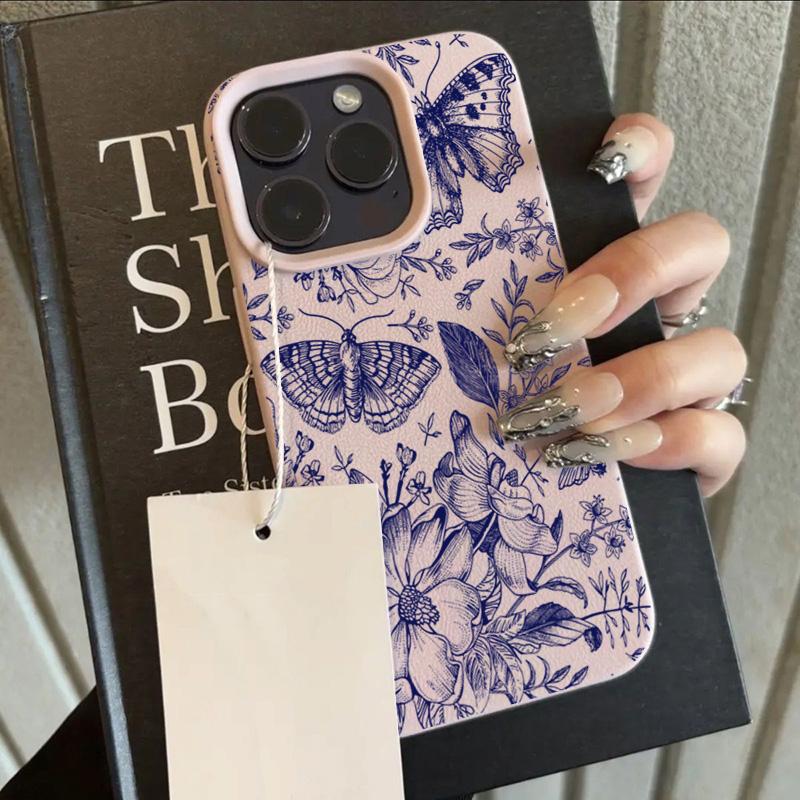 Vintage Blue Butterfly Flower Lichee Pattern Phone Case For iPhone 17 Air 16 Pro Max 15 Plus 13 12 Pro Max X XR XS Soft Cover