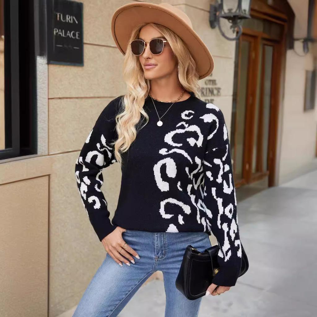 GMXIA Knitted Sweater Woman Autumn Winter Round Neck Jumper Leopard Print Long Sleeve Knitted Jumper Woman