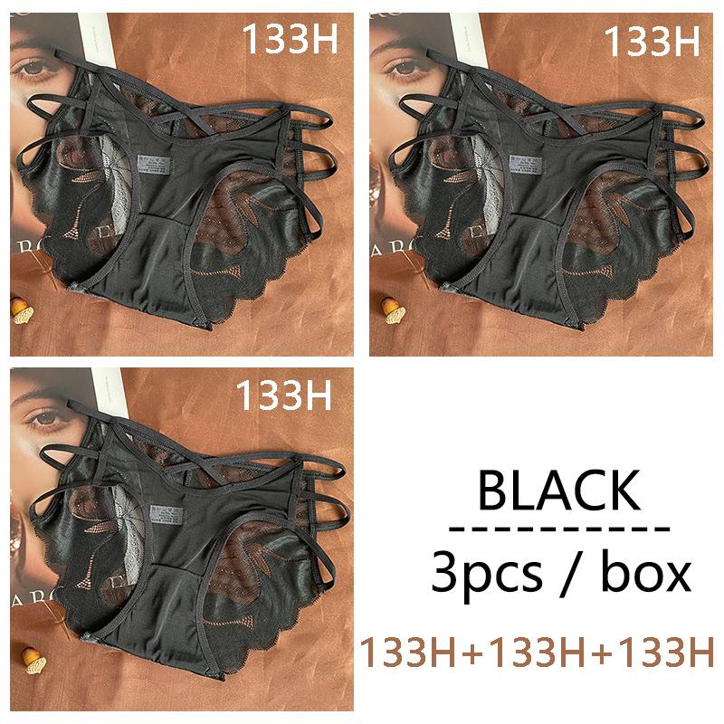 DKGEA 3 szt. Czarna seksowna bielizna damska majtki ze średnim stanem koronkowe figi przezroczyste kalesony