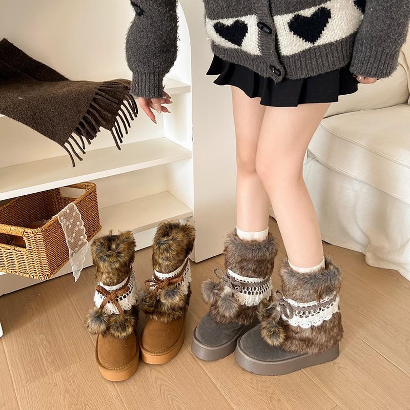 Brown Retro Non-slip Thick-soled Fluffy Snow Boots Women's 2025 New Winter Heightening Warm Piled Thickened Cotton Shoes