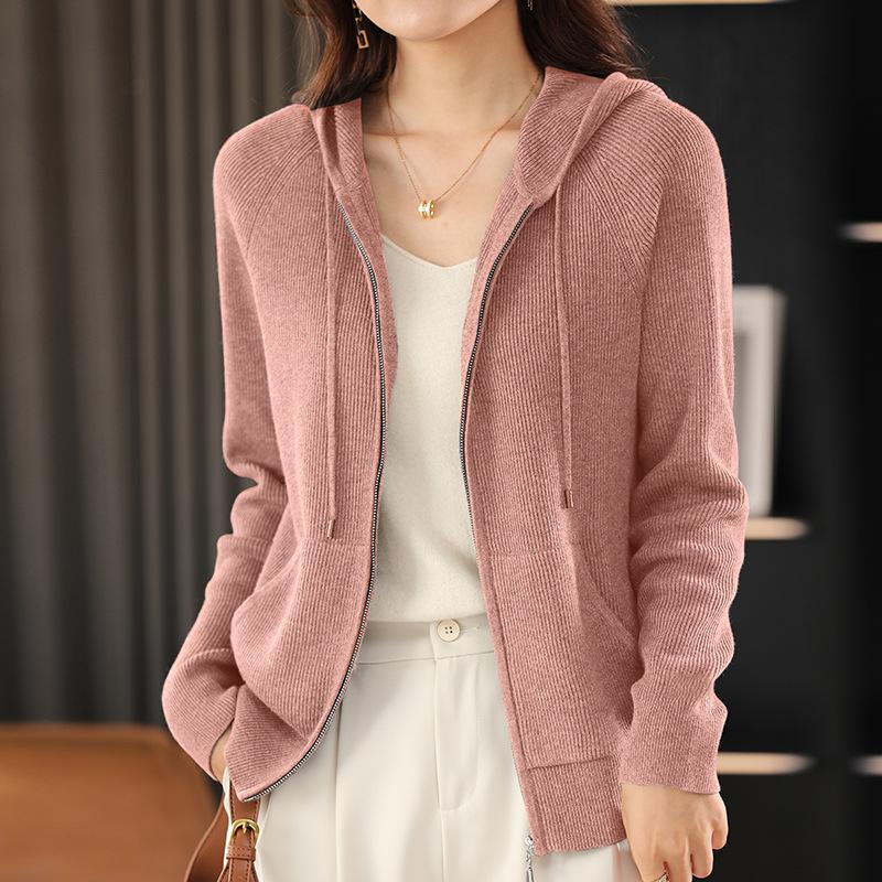 Autumn Winter Zipper Open Cardigan Sweater Women Loose Bottom Hat Knitted Wear Age Reduction Base Layer Hooded Outerwear