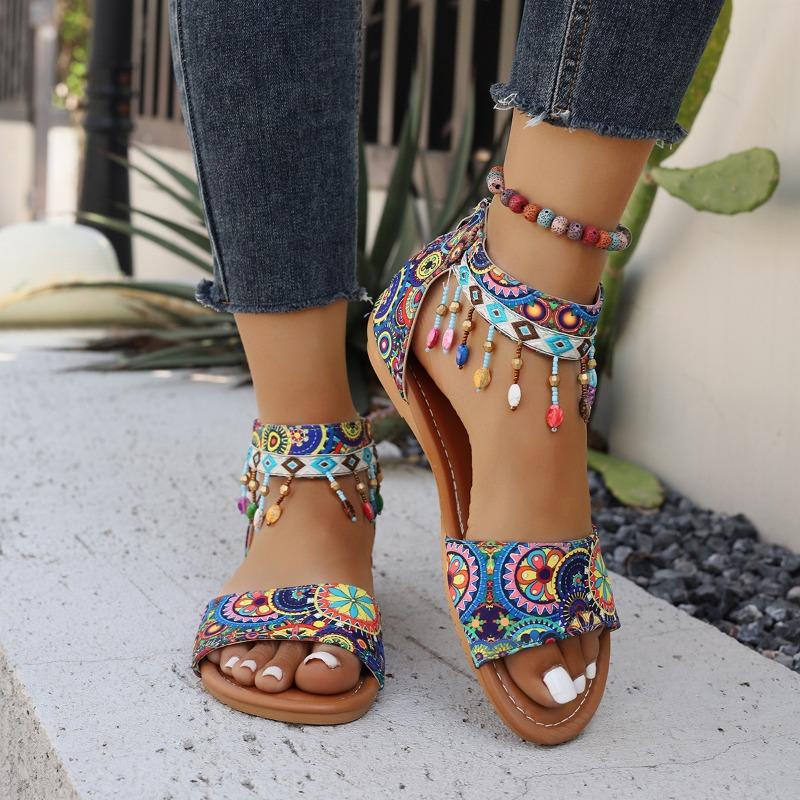 Roman women s sandals new beaded rear zipper bohemian flat sandals 36 королевский синий