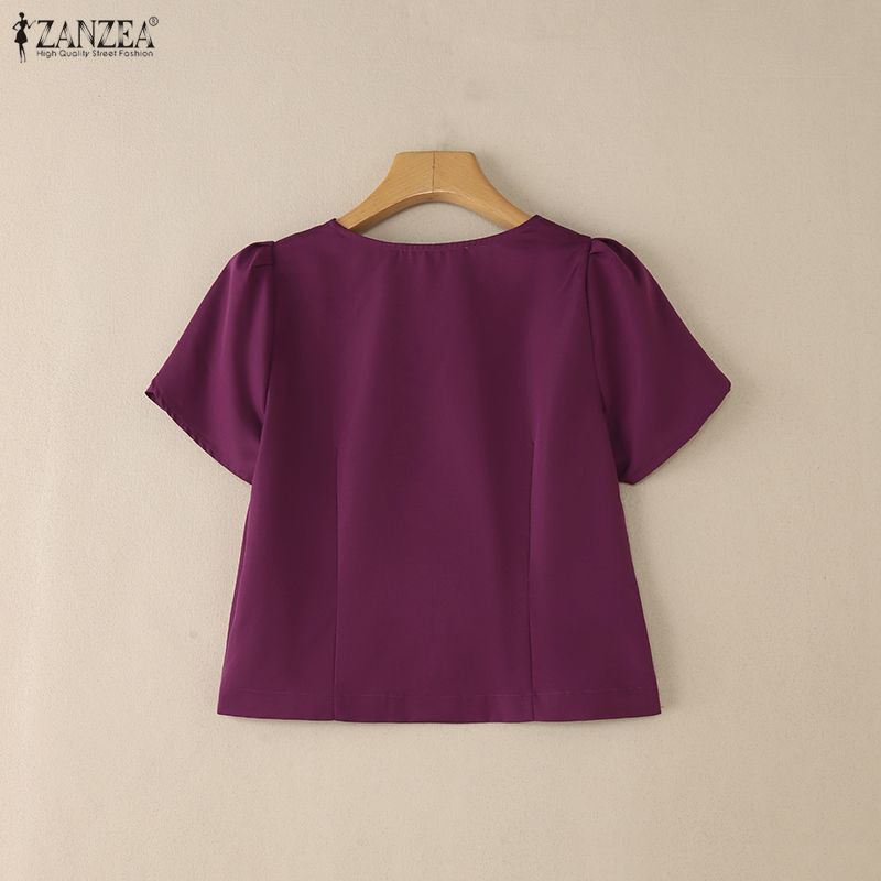 ZANZEA Women Casual V-Neck Solid Color Short Sleeve Blouse