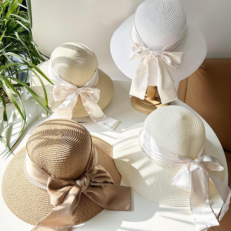 Hat Style Versatile Straw Woven Elegant Pearls Bow Womens Retro Sunshade Hats