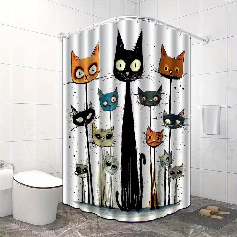 VIKAMA Cartoon Cat Print Shower Curtain Easy Care Nordic Style Bathroom Wet/Dry Separation Healing and Adorable Atmosphere