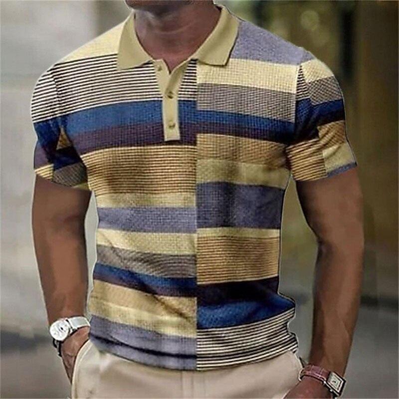 Fashionable and Minimalist Color Blocking Pattern 3D Digital Printing Men's Casual Polo Shirt