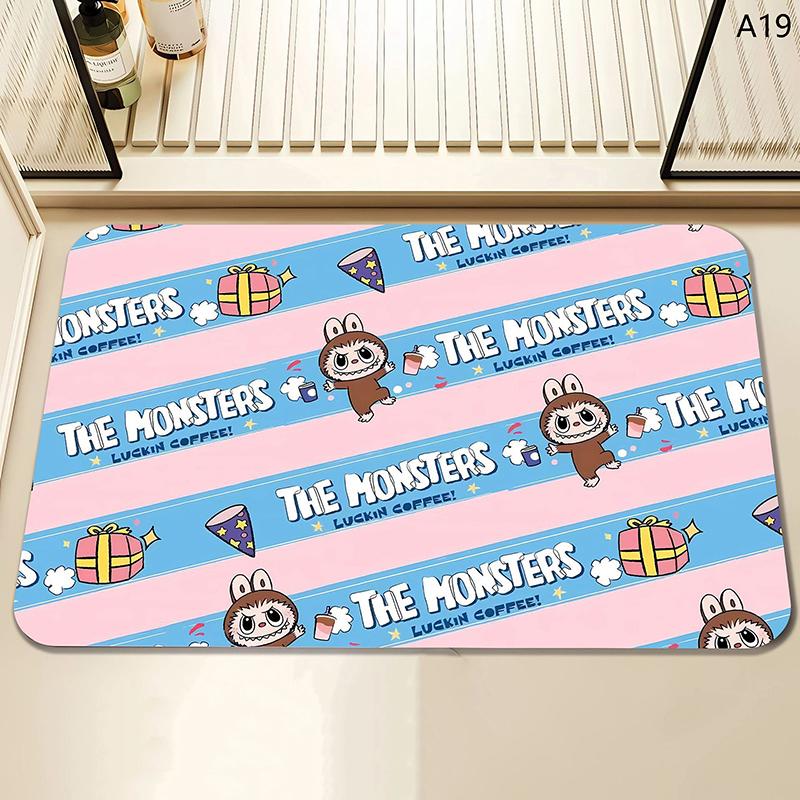 Alfombra de baño con estampado de Labubu de dibujos animados, felpudo antideslizante, alfombrilla de secado de cocina para dormitorio, alfombrilla de drenaje, alfombra de entrada, alfombra de dibujos animados para el hogar