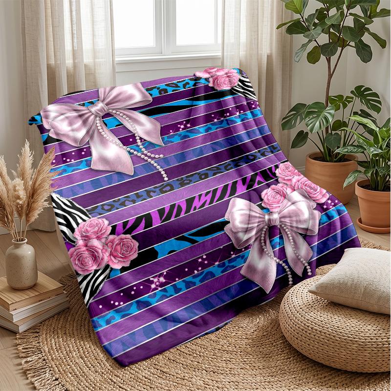 Pink Roses and Bows on Stripes Theme blanket Lightweight Warm Flannel Blanket Decorative Throw Blanket for Home Decoration
