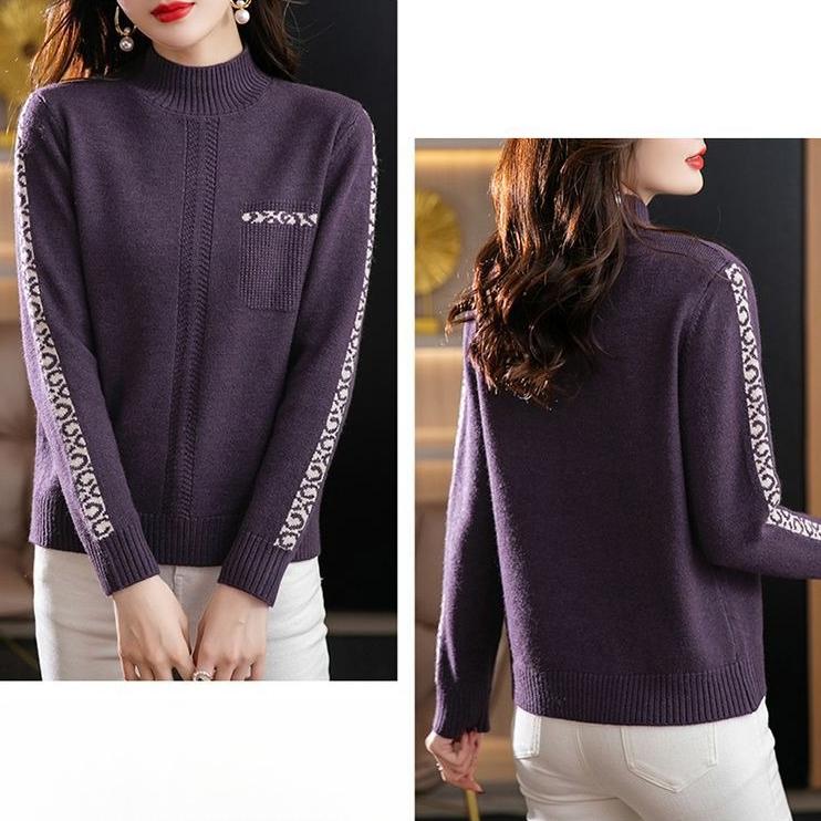Half Turtleneck Warm Sweater for Women Short Solid-color Loose Knitted Sweater for Autumn and Winter Casual Long-sleeved Pullover