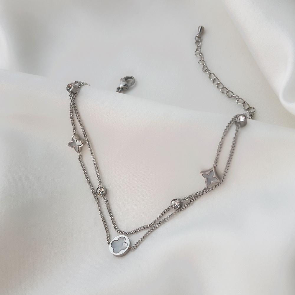 Four Leaf Clover Double Layered Stacked Ankle Chains, High-end Ankle Chains with Diamonds, Lucky Grass Ankle Chains, the Best for Girls