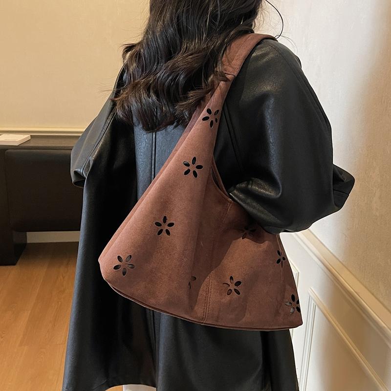 Floral Cutout Suede Hobo Bag with Open Top Design Large Capacity Fashion Shoulder Bag