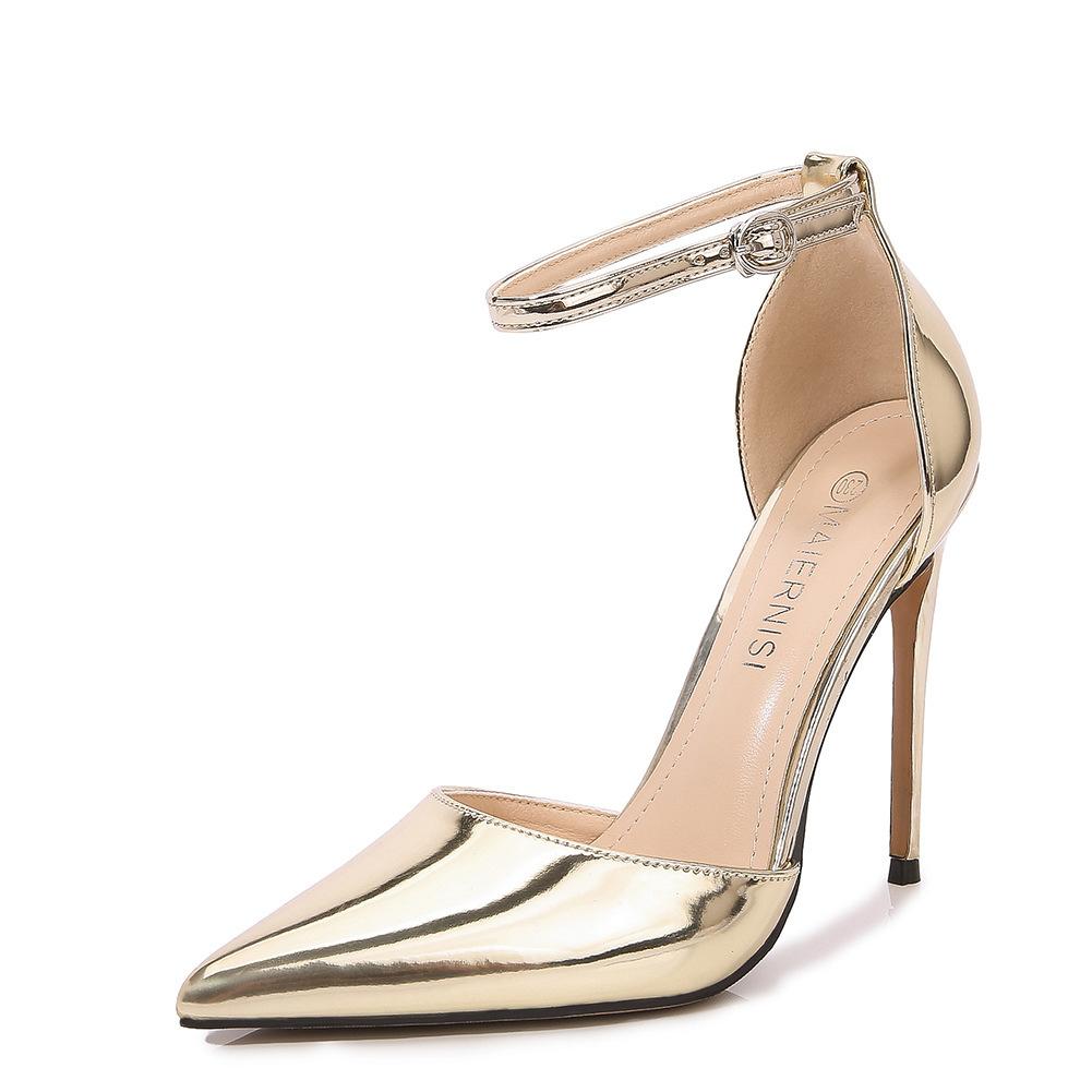 

Professional wear French high heels one-word buckle strap pointed head thin heel shallow mouth hollow high heels super high heel versatile bag head 35 золотой