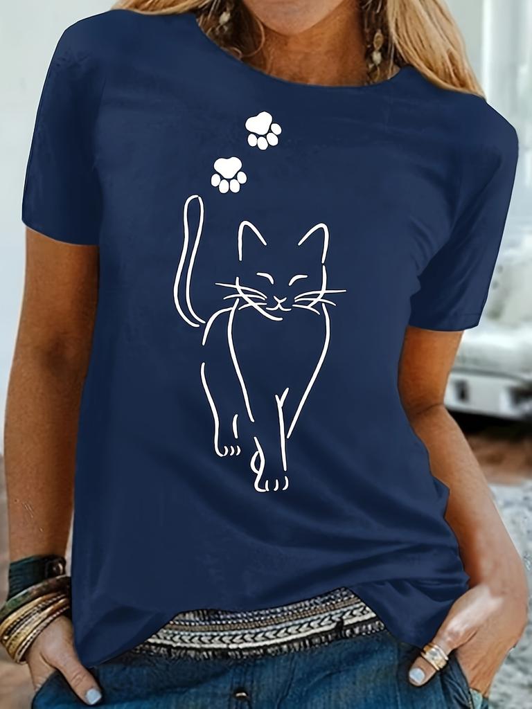 T-shirt Décontracté Grande Taille, T-shirt à Manches Courtes et Col Rond avec Imprimé Chat Mignon et Patte pour Femmes, T-shirt Unisexe à Extensibilité Moyenne