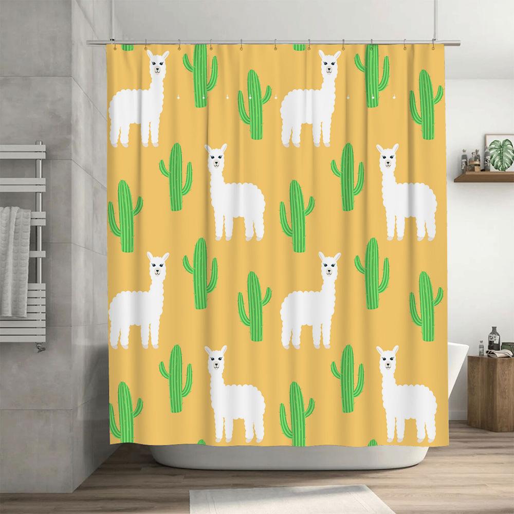 Outdoor shower curtain with cute llama cactus design for bathroom decor in yellow green pattern free shipping worldwide