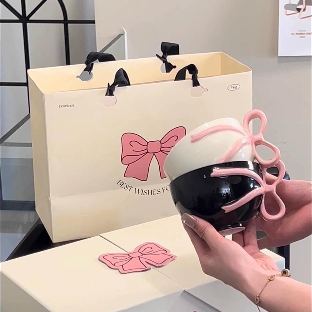 Ceramic Coffee Cup Cartoon Bow Handle Pink Ribbon Mug Afternoon Tea Accessories Girl's Gift Mugs Coffee Cups Birthday Present