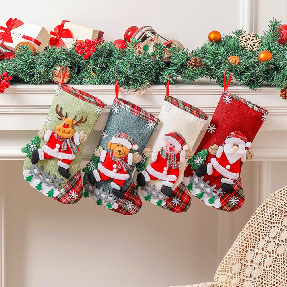 Bright Color Christmas Stocking Soft Christmas Stockings 4 Pcs Burlap Christmas Stockings Set 3d Santa Snowman Elk for Fireplace