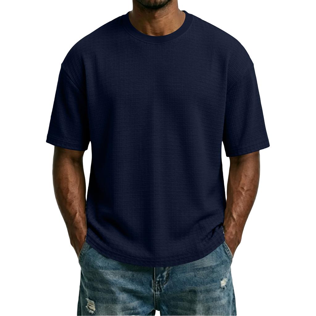 Men's Solid Waffle Texture Loose Fit Crew Neck Short Sleeve T Shirt Casual Lightweight Breathable Fabric Summer Top