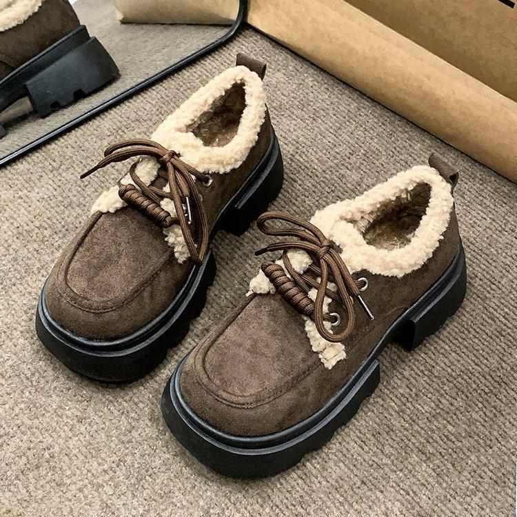 Plush Shoes Muffin Bottom Retro Style Simple Foreign Style Small Fragrant Style Loafers Heightening Cotton Shoes