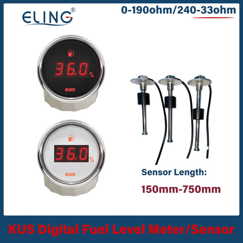 KUS 52mm 0-190ohm 240-33ohm Digital Fuel Level Meter Oil Gauge Red Yellow Light 9-32V Fuel Sensor 175mm 200mm 250mm 300mm 335mm
