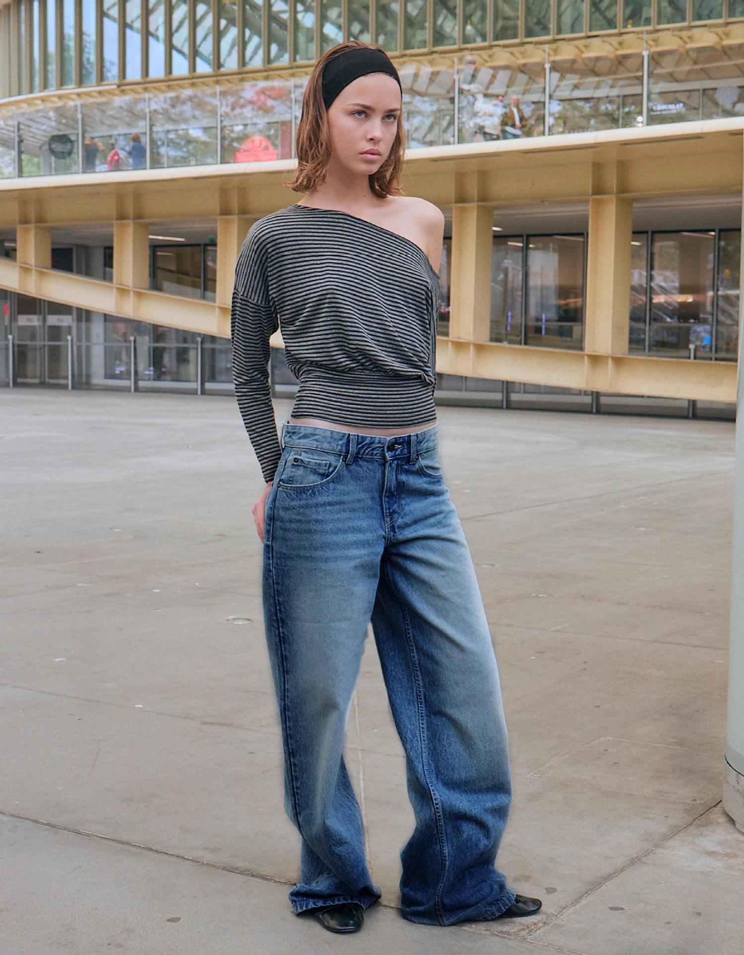 

European and American High-Waist Multi-Color Straight-Leg Slimming Wide-Leg Floor-Length Jeans Medium темно-синього кольору