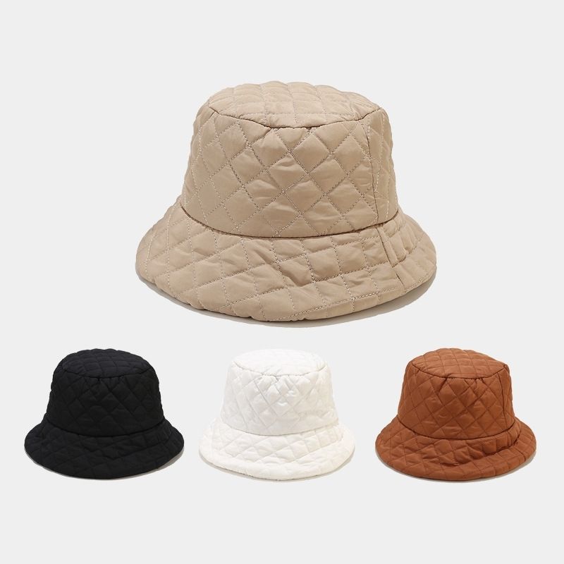 Autumn and winter bucket hat women's solid color down cotton warm and cold-proof fashion simple plaid light soft basin hat
