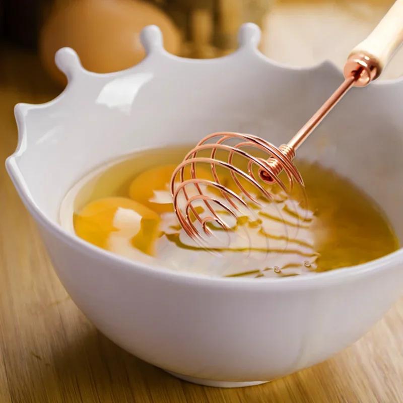 Egg Tools Kitchen Gadgets Rose Gold Beech Handle Spiral Stainless Steel Whisk Cream Stainless Steel Beater Stirrer Kitchen Tool
