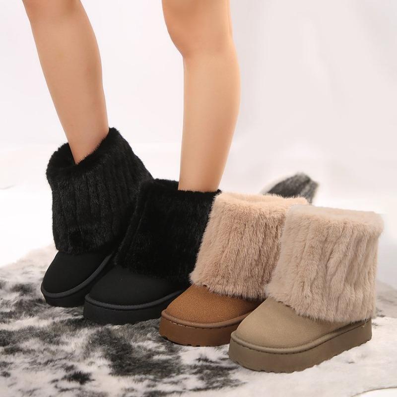 New Autumn Winter Fashionable European American Style Women's Plus Size Fleece Lined Thickened Mid Calf Snow Boots