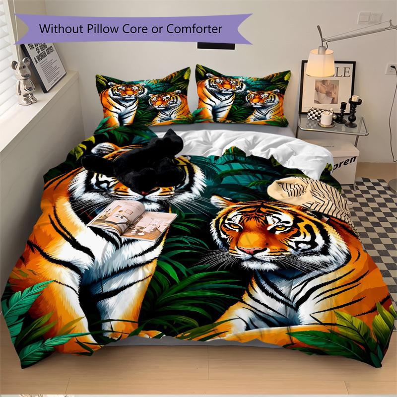3pcs Tiger Print Bedding Set - 1 Duvet Cover + 2 Pillowcases(Core Not Included), Machine Washable Polyester yy251216190