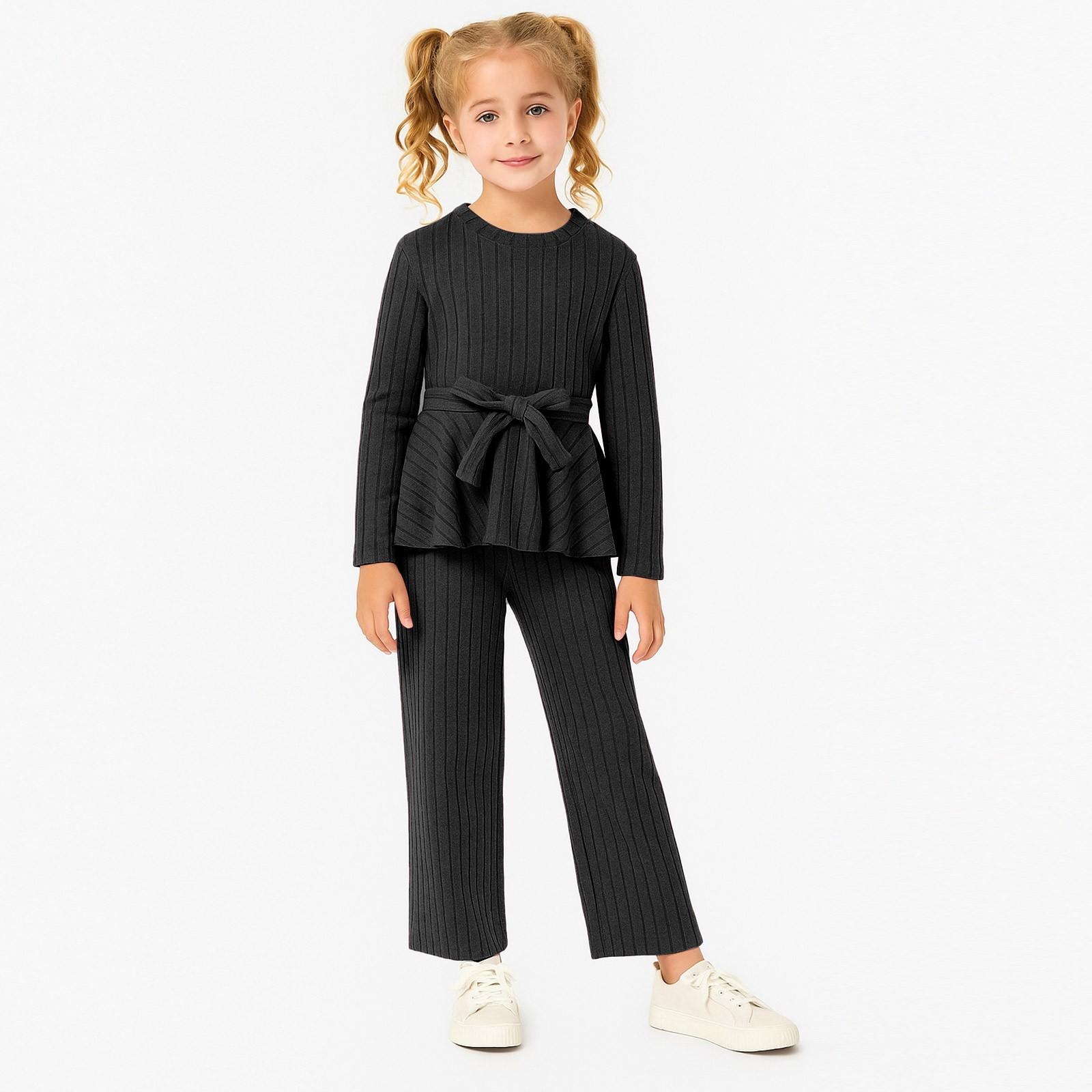 

Girls Striped Knit Set - Long Sleeve Top & Straight Wide Leg Pants 11 чорний