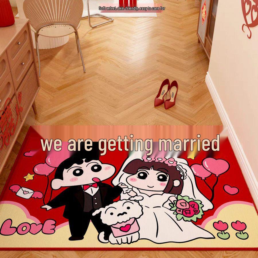 Crayon Shin-chan Double Happiness Velvet Carpet - Wedding Bedroom Cartoon Entrance Mat, Wear & Dirt Resistant