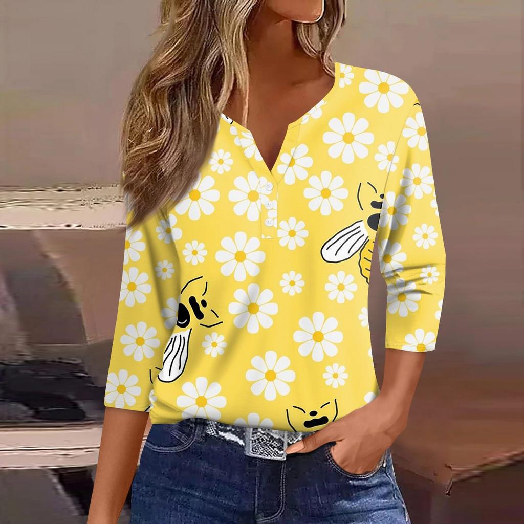 Women's T-Shirt Print Button 3/4 Sleeve Daily Weekend Fashion Basic V-Neck Regular Top