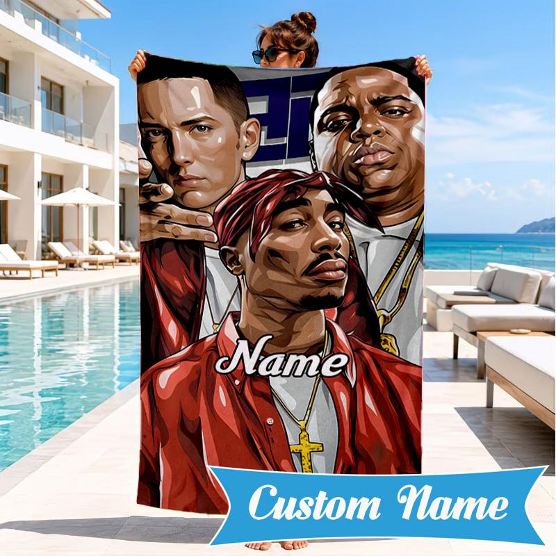 Custom Name Hip Hop Heart In Space Adventure Microfiber Beach Towel, Lightweight for Summer Travel, Swimming Pool Fan Gift