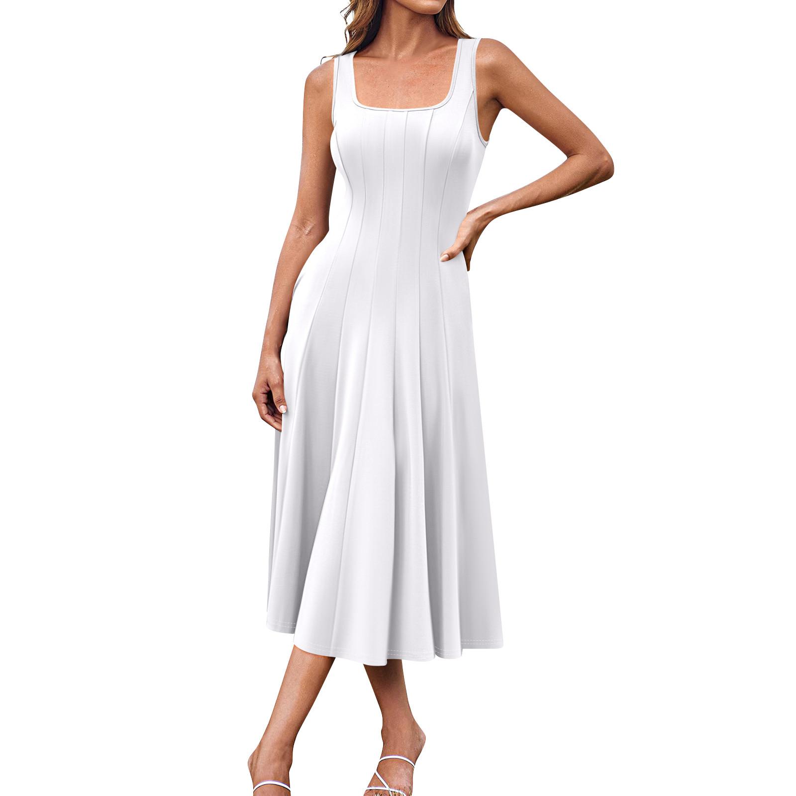 

Женское повседневное модное платье миди с круглым вырезом без рукавов и боковыми карманами XL белый