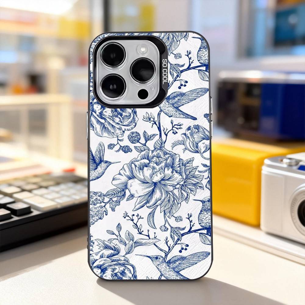 Blue White Porcelain Art Phone Case For iPhone 11,12,13,14,15,16,17,Pro,Max,Plus,E,Air,Mini IMD Matte Black