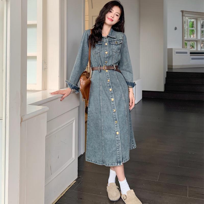 2026 Spring Retro Plus Size Women s Slimming Denim Dress - Mid-Length Skirt L
