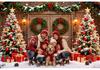 Christmas Barn Door Backdrop Snowy Trees Wreaths Red Gold Ornaments Gifts Rustic Winter Holiday Party Photography Background